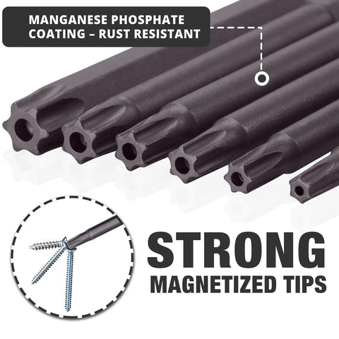 10 Piece Impact Rated Security Torx Bit Set With Magnetized Bits And Magnetic Extension Three Inch S2 Steel MnPO Coating Heat Treated For Home Improvement Auto DIY And Pro Grade Jobs