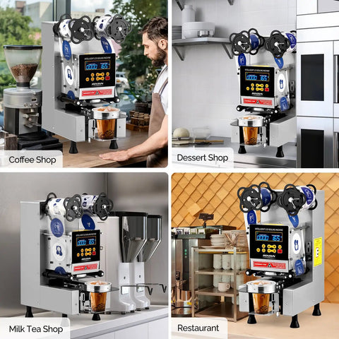 Fully Automatic Cup Sealing Machine With LCD Display For Bubble Tea And Coffee, No Fuss And Ultra Fast Sealing At 500 To 650 Cups Per Hour, Adjustable 88 To 95 Millimeter Cups, Electric Silver Finish in various shop settings.