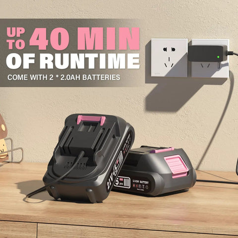 Cordless 20V Leaf Blower With Two 2.0Ah Batteries And Charger Included on a table with pink accents