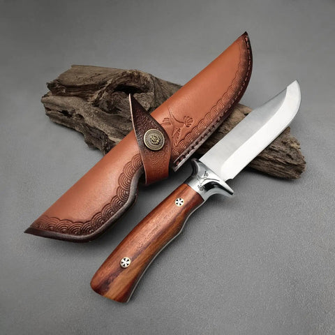 M390 Fixed Blade Hunting Knife With Wood Handle Full Tang Survival Knife Leather Sheath Built For Rugged Outdoor Camping Bushcraft