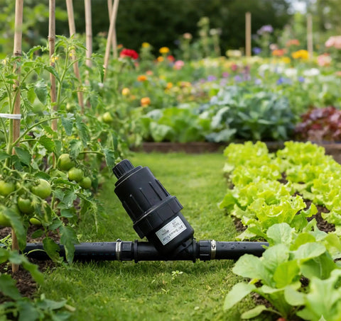Heavy Duty Three Quarter Inch Inline Hose Filter For Drip Irrigation With 120 Mesh Screen installed in a garden, filtering water for plants.