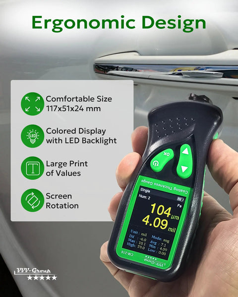 Coating Thickness Gauge CM-218 Pro Grade Paint Depth Meter For Cars And Industry, 0.01 Mil Resolution, 0-51 Mil Range, Auto Ferrous And Non Ferrous Substrate Detection Fe/Al held in hand