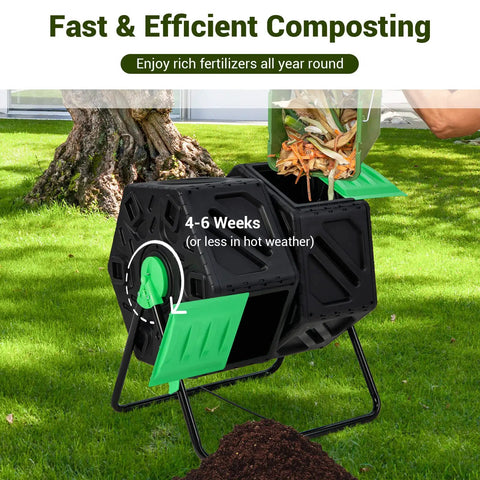 Dual Chamber Compost Tumbler With 34 Point 5 Gallon Capacity, Outdoor Rotating Composter With Aeration And Two Sliding Doors, BPA Free