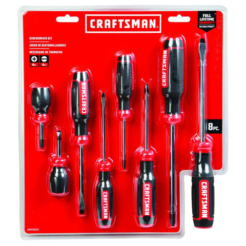 Front view of an eight-piece bi-material screwdriver set with durable black oxide tips in packaging