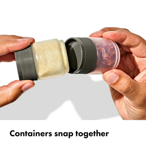 Hands connecting jars from Outdoor 7 Piece Spice Shaker and Squeeze Bottle Set for Camping and Camp Kitchen Setup Leakproof Lids