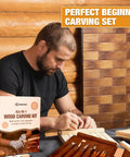 Man using 24 Piece Wood Carving Kit With Easy Storage Bag For Beginners Do It Yourself Whittling Set, tools and wooden blocks visible