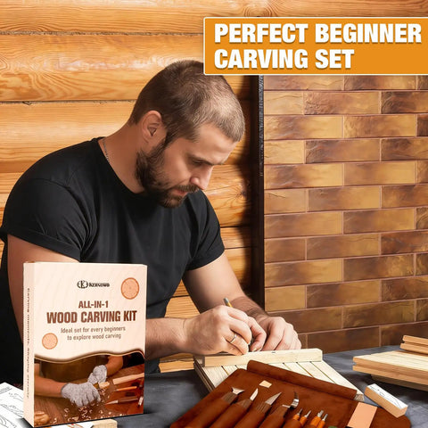 Man using 24 Piece Wood Carving Kit With Easy Storage Bag For Beginners Do It Yourself Whittling Set, tools and wooden blocks visible