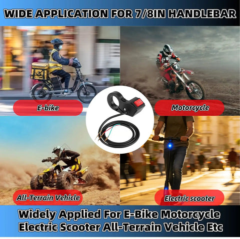 Three Speed 22mm Handlebars Switch For Seven Eighths Inch Ebike And Motorcycle Bars, shown with e-bike, motorcycle, all-terrain, and scooter use