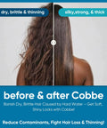 Comparison of dry, brittle hair vs silky, strong hair with a Filtered Handheld Shower Head With High Pressure, Chrome Finish.
