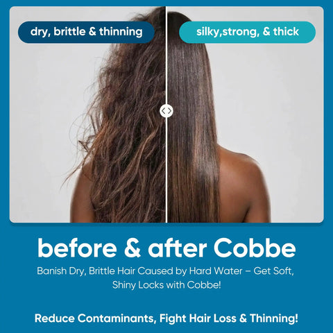 Comparison of dry, brittle hair vs silky, strong hair with a Filtered Handheld Shower Head With High Pressure, Chrome Finish.