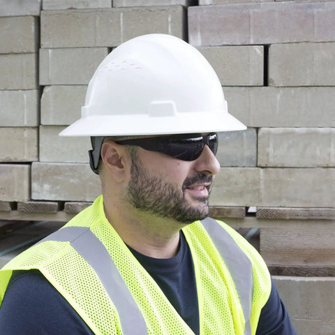 Worker wearing ANSI Z87 Plus Safety Glasses with Impact Resistant Polycarbonate Lenses, UV Protection, Anti Scratch Coating