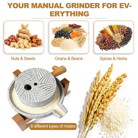 Hand Crank Stone Grain Mill With Red Oak Frame For Home Use, Manual Flour Grinder That Grinds Wheat, Nuts, And Spices, Complete Kit