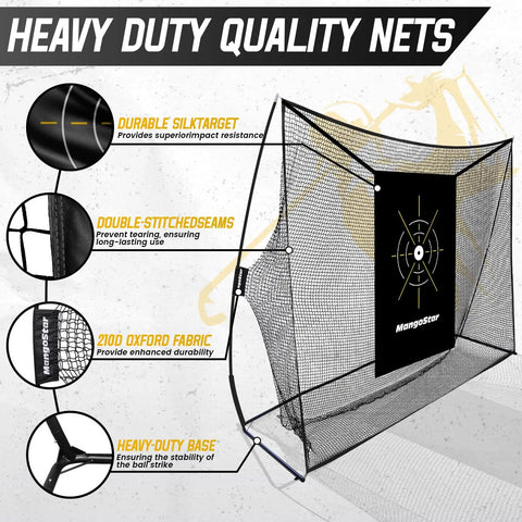 Illustration of Heavy Duty 10x7 Ft Golf Practice Net Kit with features like durable silk target, reinforced seams, and robust base.