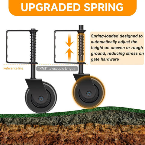 Beefed Up Heavy Duty Gate Wheel With Spring Loaded 4.3 Inch Gate Caster at adjustable height for outdoor fences and farm gates