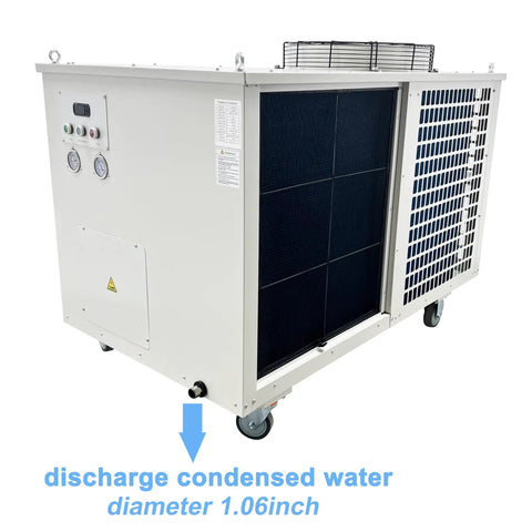 Heavy Duty Industrial Spot Cooler Air Conditioner Commercial Portable Cooling Unit showing discharge water outlet 1.06 inch diameter.
