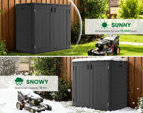 30 Cu Ft Waterproof Horizontal Resin Outdoor Storage Cabinet with snow on top, shown in sunny and snowy backyard environments