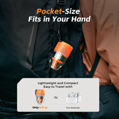 Go-To Air Pump For Inflatables Max Pump 3 Portable 5 Kpa High Flow clipped to backpack, size comparison to earbuds