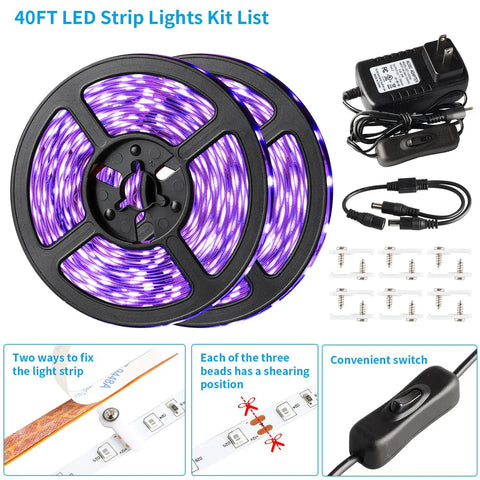 40ft Black Light Strip With 720 LEDs, Flexible Adhesive UV Glow Lit Neon Light For Halloween Parties And Displays, accessories shown