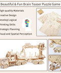 3D Wooden Puzzle for Adults and Teens, Mechanical Truck Crane Model Kit, DIY Wood Craft Hobby Toy, Family Project for Hobbyists, Women and Men, 428 Pieces, Challenging Hands On Build, Educational Fun. Beige wood truck crane parts and assembled model
