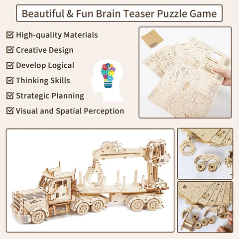 3D Wooden Puzzle for Adults and Teens, Mechanical Truck Crane Model Kit, DIY Wood Craft Hobby Toy, Family Project for Hobbyists, Women and Men, 428 Pieces, Challenging Hands On Build, Educational Fun. Beige wood truck crane parts and assembled model