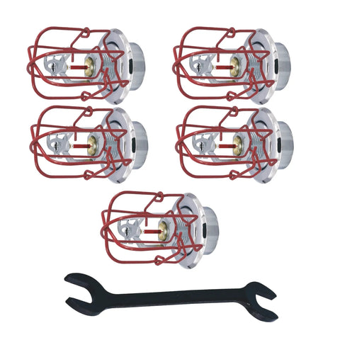 Heavy Duty Chrome Sidewall Fire Sprinkler Kit With 155 Degree Bulbs Half Inch Npt Threads 5 Pack includes wrenches and guards.