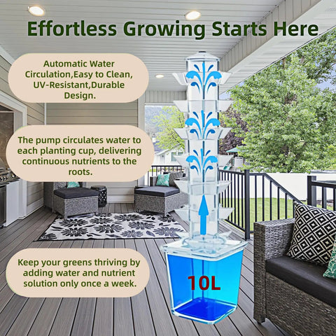 35-Pod Hydroponic Vertical Garden Tower For Indoor And Outdoor Growing, 7-Layer System depicted on a patio with seating