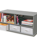 Gray Five-Shelf Stackable Toy Storage Organizer with Three Removable Fabric Bins, solid panel construction, books and toys visible.