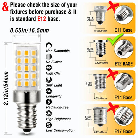 E12 LED Candelabra Bulbs 6W Warm White 2700K 550LM replaces 60W halogen showing size and base comparisons for ceiling fans and chandeliers.
