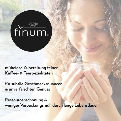 Woman enjoying beverage with reusable stainless steel coffee and tea infusing mesh brewing basket medium, Brew Nerd approved.