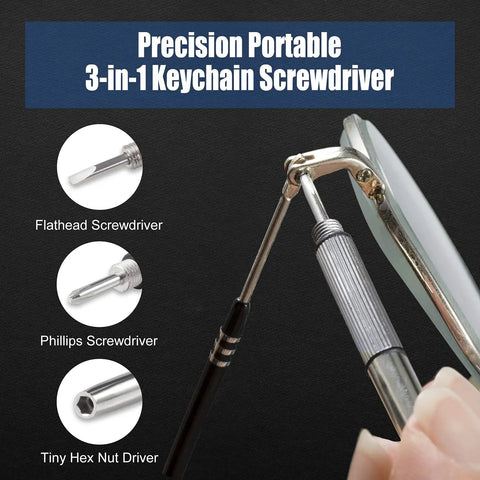 Precision Portable 3-in-1 Keychain Screwdriver for eyeglasses adjustment, flathead and Phillips included.