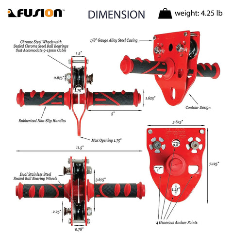 Heavy Duty Zipline Trolley With Stainless Steel Sheaves And Double Pulley, 23kN Rating, shown with dimensions and components