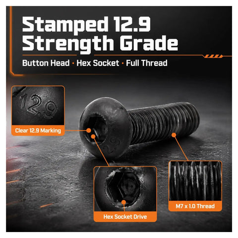 Heavy Duty ZENFORX M7x1.0 Button Head Socket Bolts Made From Tough Black Carbon Steel For Serious Heavy Load Industrial Jobs With Smooth Assembly And Top Rated Hardness showing 12.9 strength grade marking.