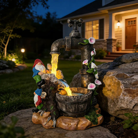 Solar Garden Gnomes Statues With LED Water Fountain 10 Inch Resin Outdoor Yard Decor near house entrance at night