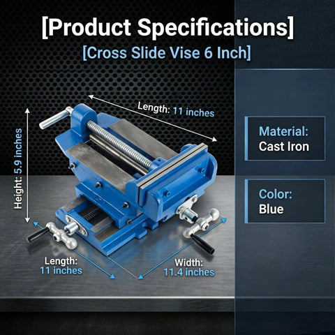 6 Inch Cross Slide Drill Press Vise Built Like A Tank With Nine Point Four In X Axis Travel And Eight In Y Motion, blue cast iron construction.
