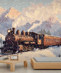 Steam Train Wallpaper Mural For Living Room And Bedroom Large 79 By 55 Inch Not Peel And Stick Vintage Steam Locomotive Poster Style Epic Room Makeover Decor In A Large Scale Design That Complements Neutral Tones And Adds Vintage Charm showing a vintage locomotive in snowy mountains.