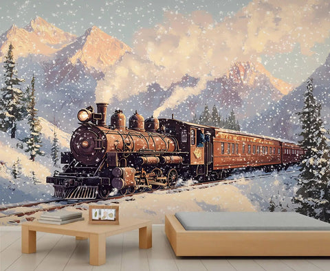 Steam Train Wallpaper Mural For Living Room And Bedroom Large 79 By 55 Inch Not Peel And Stick Vintage Steam Locomotive Poster Style Epic Room Makeover Decor In A Large Scale Design That Complements Neutral Tones And Adds Vintage Charm showing a vintage locomotive in snowy mountains.