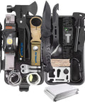 Go-To 29 In 1 Emergency Survival Kit with survival bracelet, fire starter, whistle, wood cutter, water bottle clip, pen shown in open case