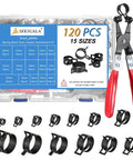 120 Piece Spring Hose Clamps Set From 6mm To 25mm With Swivel Flat Pliers, Constant Tension Stainless Steel Clips in case