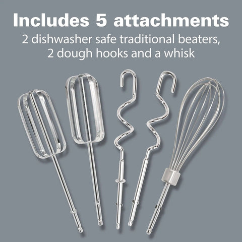 Badass Electric Hand Mixer With Six Speed Settings And Quick Burst Boost Featuring Trusty Bowl Rest And Snap On Storage Case For No Sweat Baking Projects Every Day attachments including two beaters, two dough hooks, and a whisk.