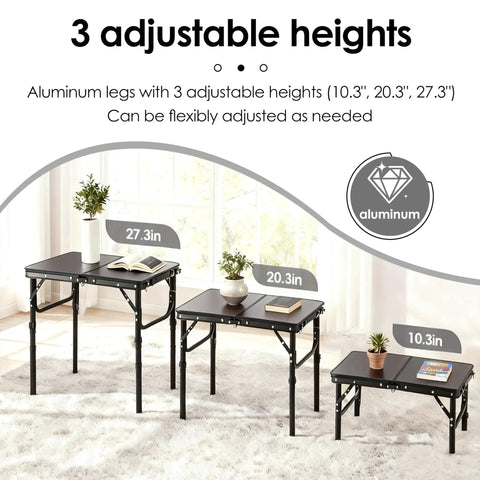 Foldable TV Tray Table With Adjustable Height shown at 27.3, 20.3, 10.3 inches, aluminum side table for snacks, meals, indoor outdoor use.