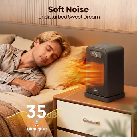 Indoor Space Heater With Remote Control 1500W Desk Heater For Office And Home on bedside table emitting warm air