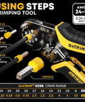 Beefy Ferrule Crimping Tool Kit With Ratchet Pliers For 24-8 AWG Wire showing crimping process steps and tool details.
