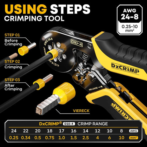 Beefy Ferrule Crimping Tool Kit With Ratchet Pliers For 24-8 AWG Wire showing crimping process steps and tool details.