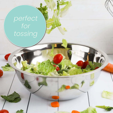 Stainless Steel Meal Prep Mixing Bowls Set for Real Kitchen Pros filled with salad ingredients, showcasing deep nesting design.