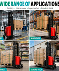 Heavy Duty Electric Pallet Jack Forklift Stacker With 3500 Lbs Capacity and Deep Lift features, shown in factory, warehouse, supermarket, loading dock.