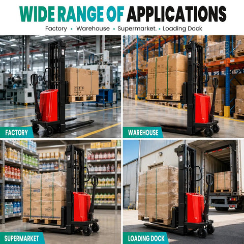 Heavy Duty Electric Pallet Jack Forklift Stacker With 3500 Lbs Capacity and Deep Lift features, shown in factory, warehouse, supermarket, loading dock.