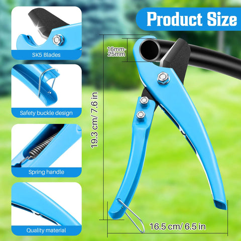 DIY Friendly Drip Irrigation Hole Punch And Tubing Cutter 2 In 1 with Blue Tool, SK5 blades, safety buckle, spring handle, size shown