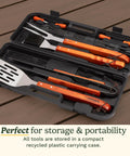13 Piece Wooden Handle Grill Tools Set With Stainless Steel Spatula, Fork, Tongs in black compact case displayed on wooden deck.