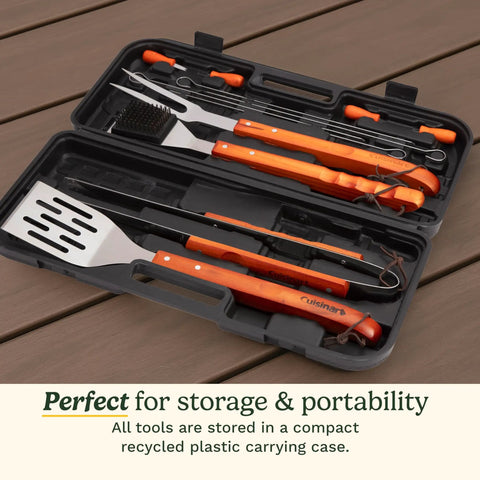 13 Piece Wooden Handle Grill Tools Set With Stainless Steel Spatula, Fork, Tongs in black compact case displayed on wooden deck.
