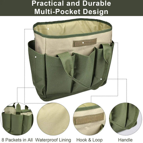 Heavy Duty Canvas Garden Tool Bag With Eight Pockets Large Tote Organizer For Tools And Gear Built For Indoor Outdoor Gardening And Yard Work